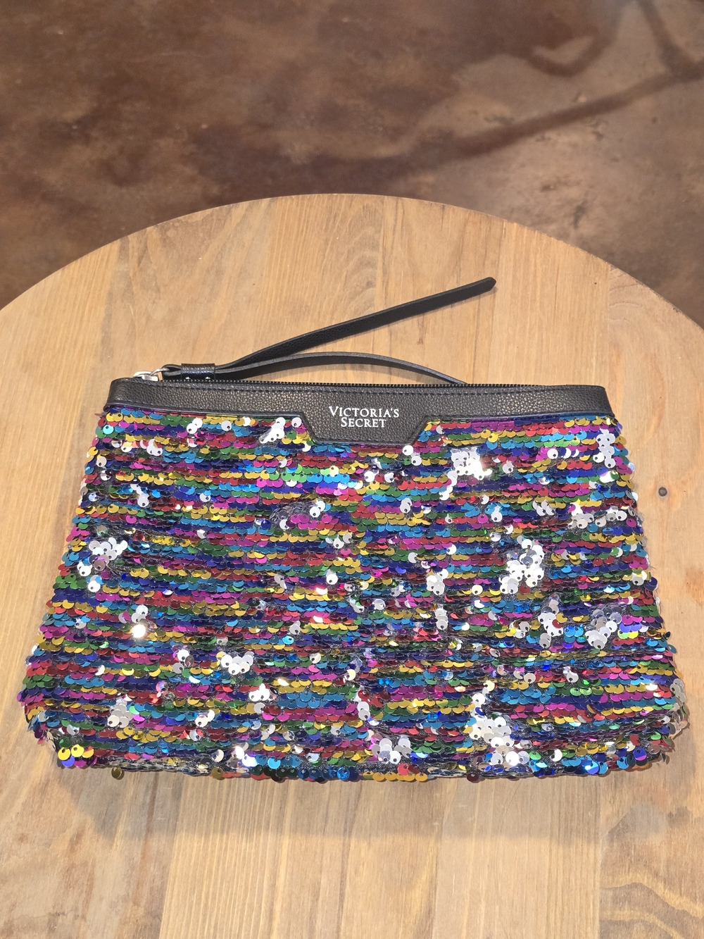 Victoria's Secret Black Faux Leather Rainbow Sequin Clutch Makeup Bag